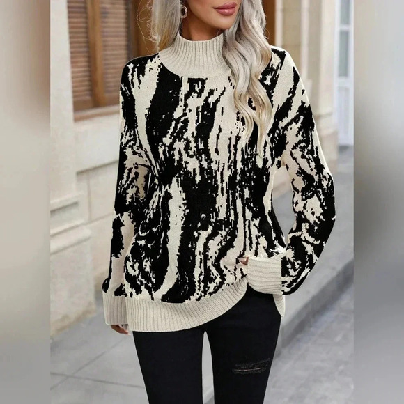 Graphic Pattern Mock Neck Drop Shoulder Sweater - Picture 5 of 6